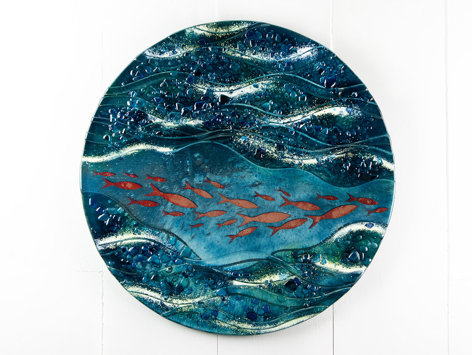 fused glass round panel mirror backed textured with copper fish blue teal decor