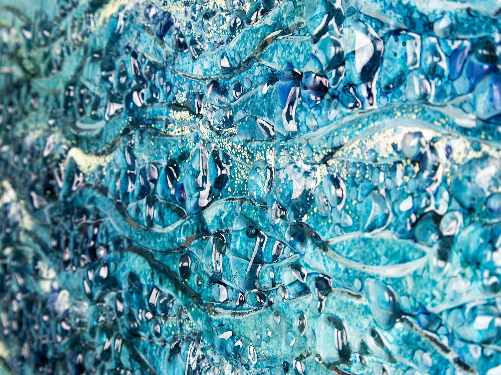 close-up fused glass wall art panel textured blue teal decor