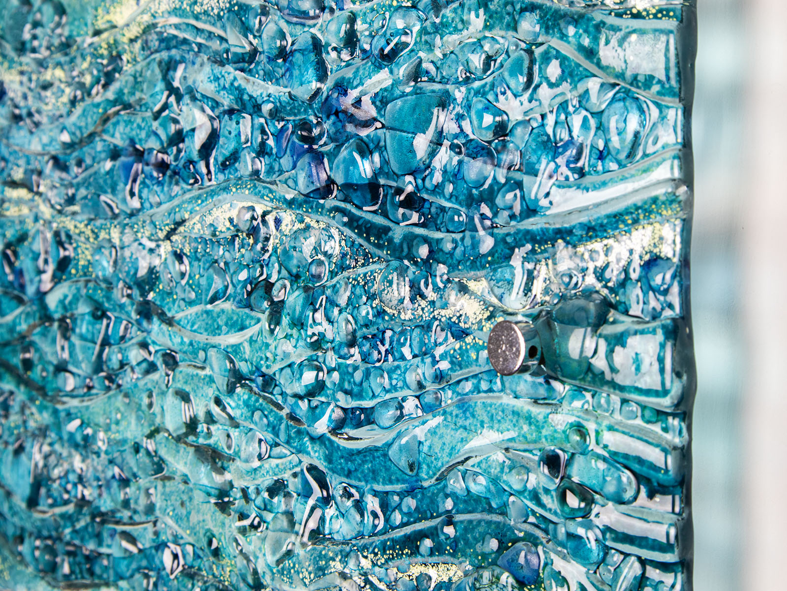 close-up fused glass wall art panel textured blue teal decor