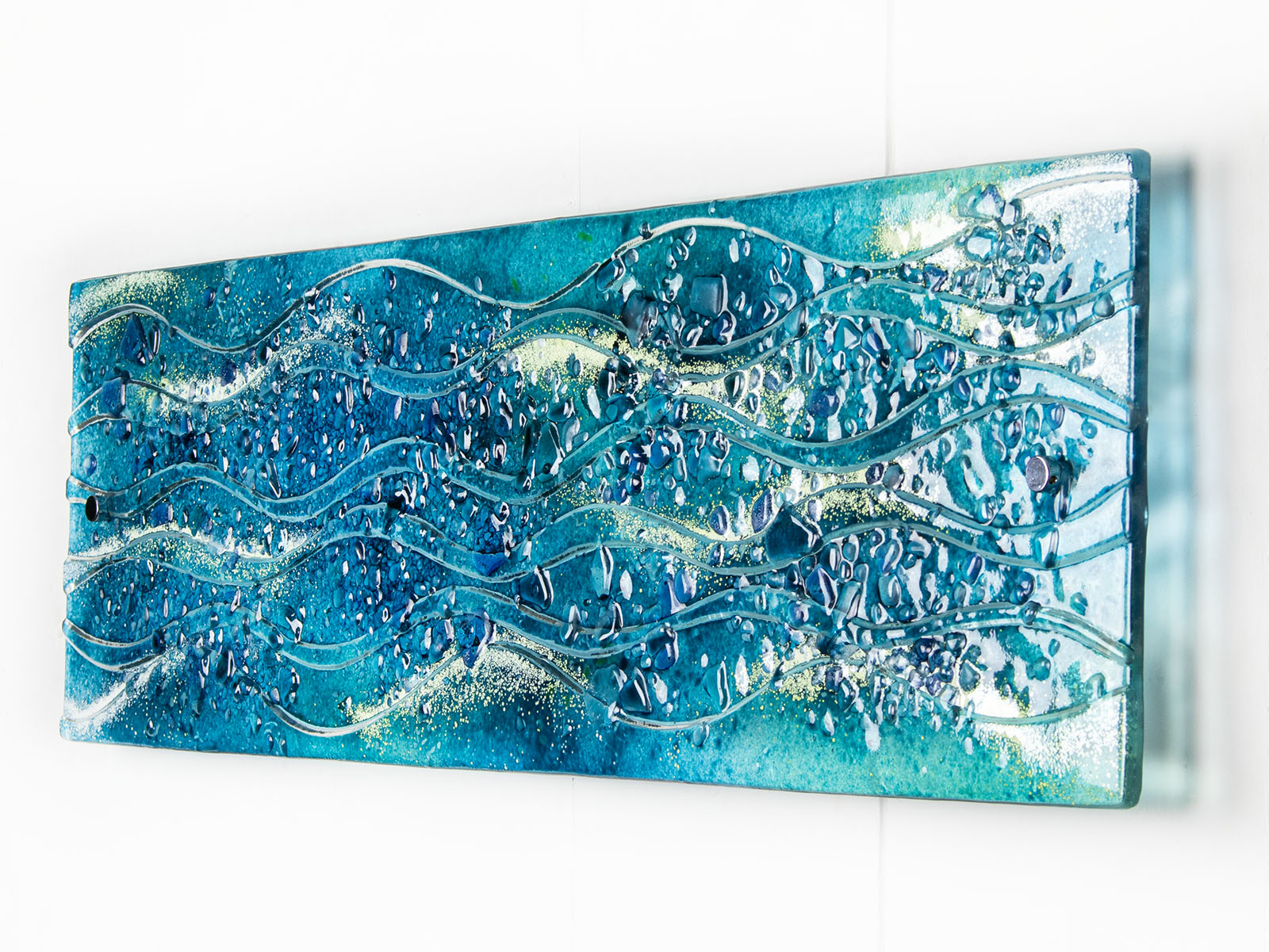 fused glass wall art panel textured blue teal decor