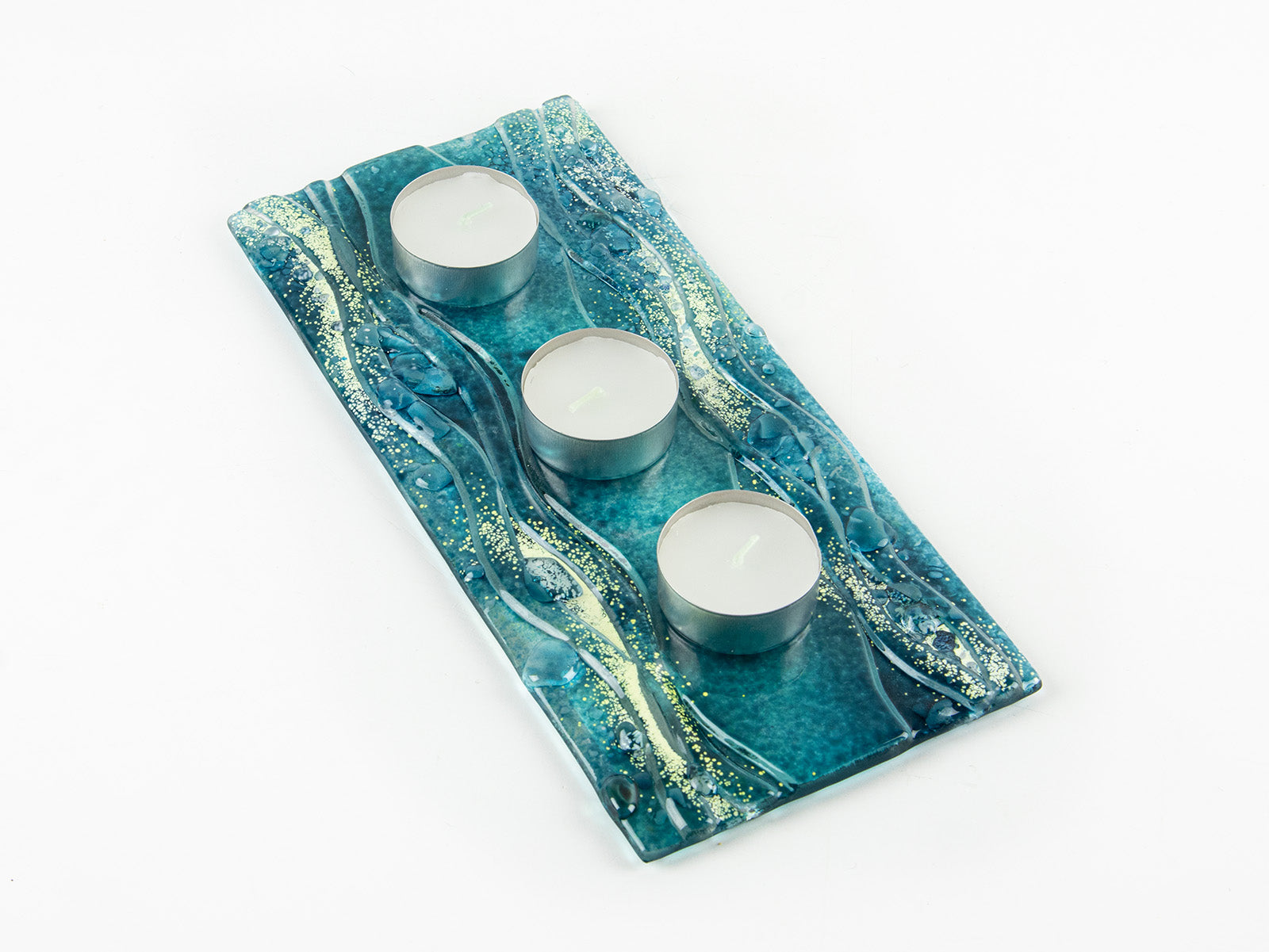 fused glass candlestand with tea lights textured blue teal giftware tableware