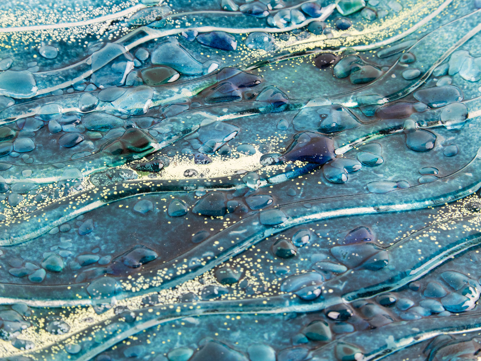 close-up fused glass square bowl textured blue teal