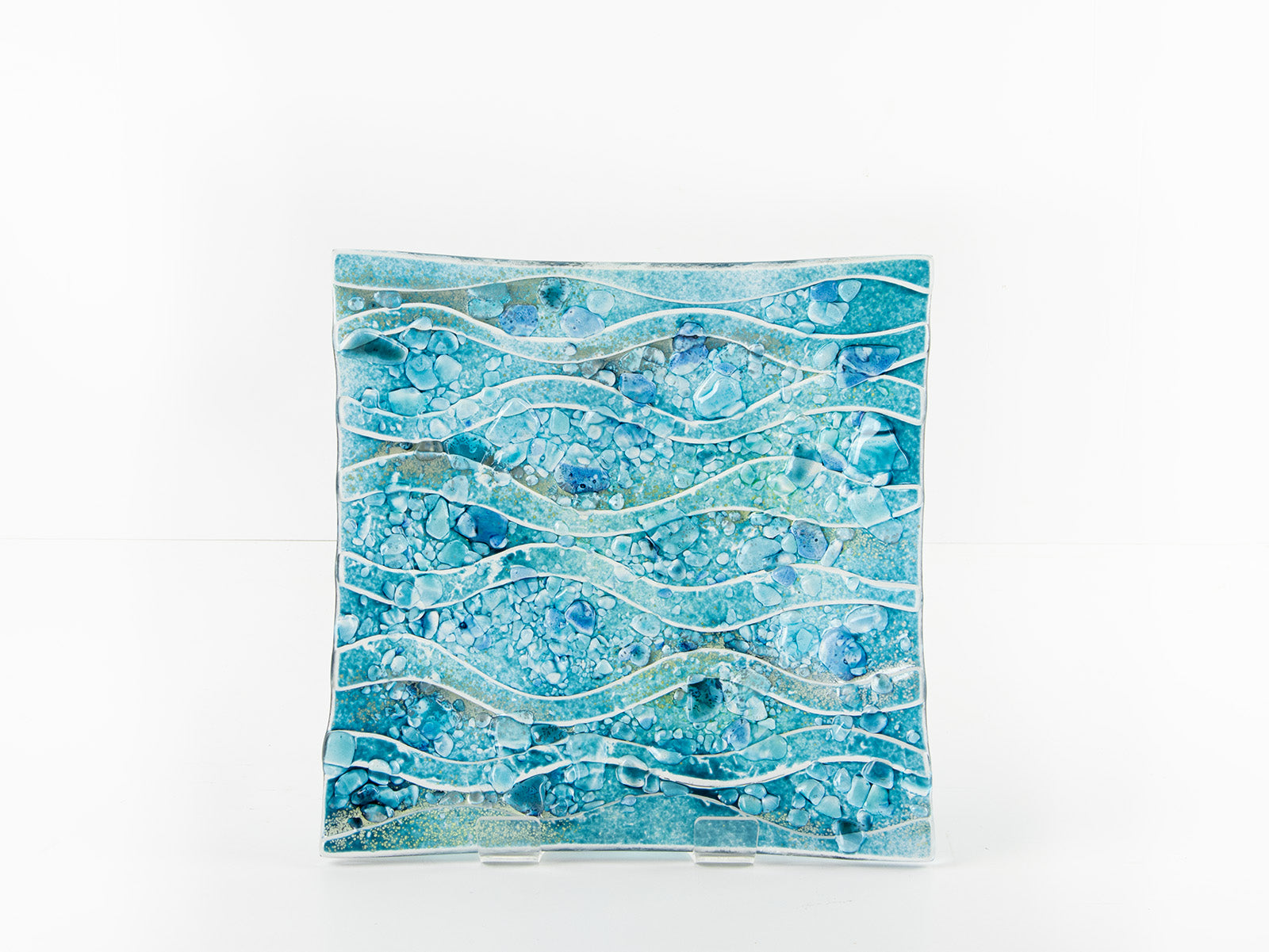 fused glass large square bowl textured blue teal decor