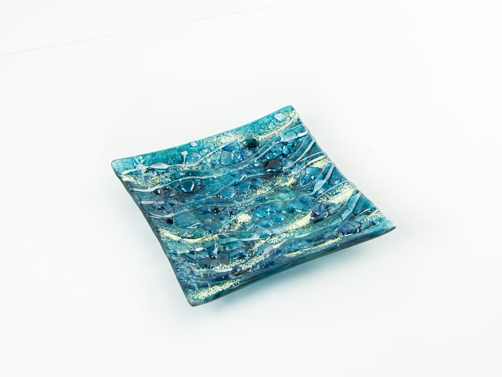 Fused glass square bowl giftware tableware blue teal textured