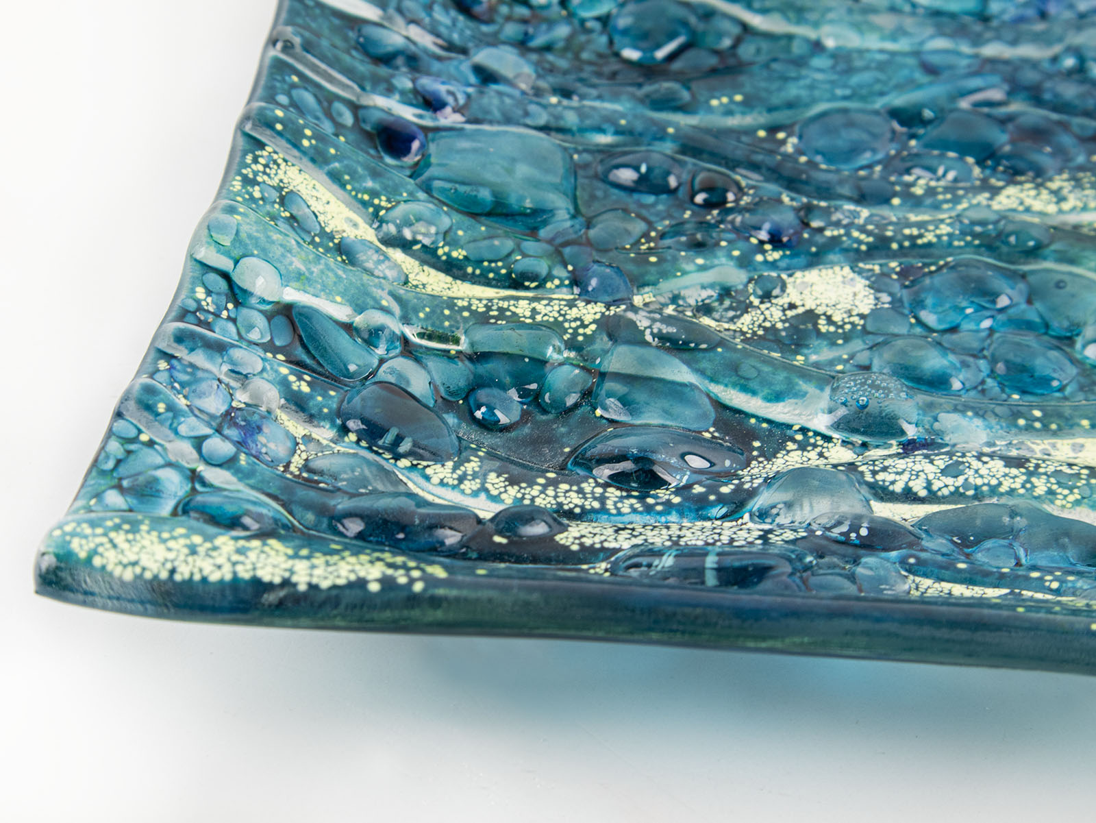 fused glass square bowl giftware table ware blue teal detail textured