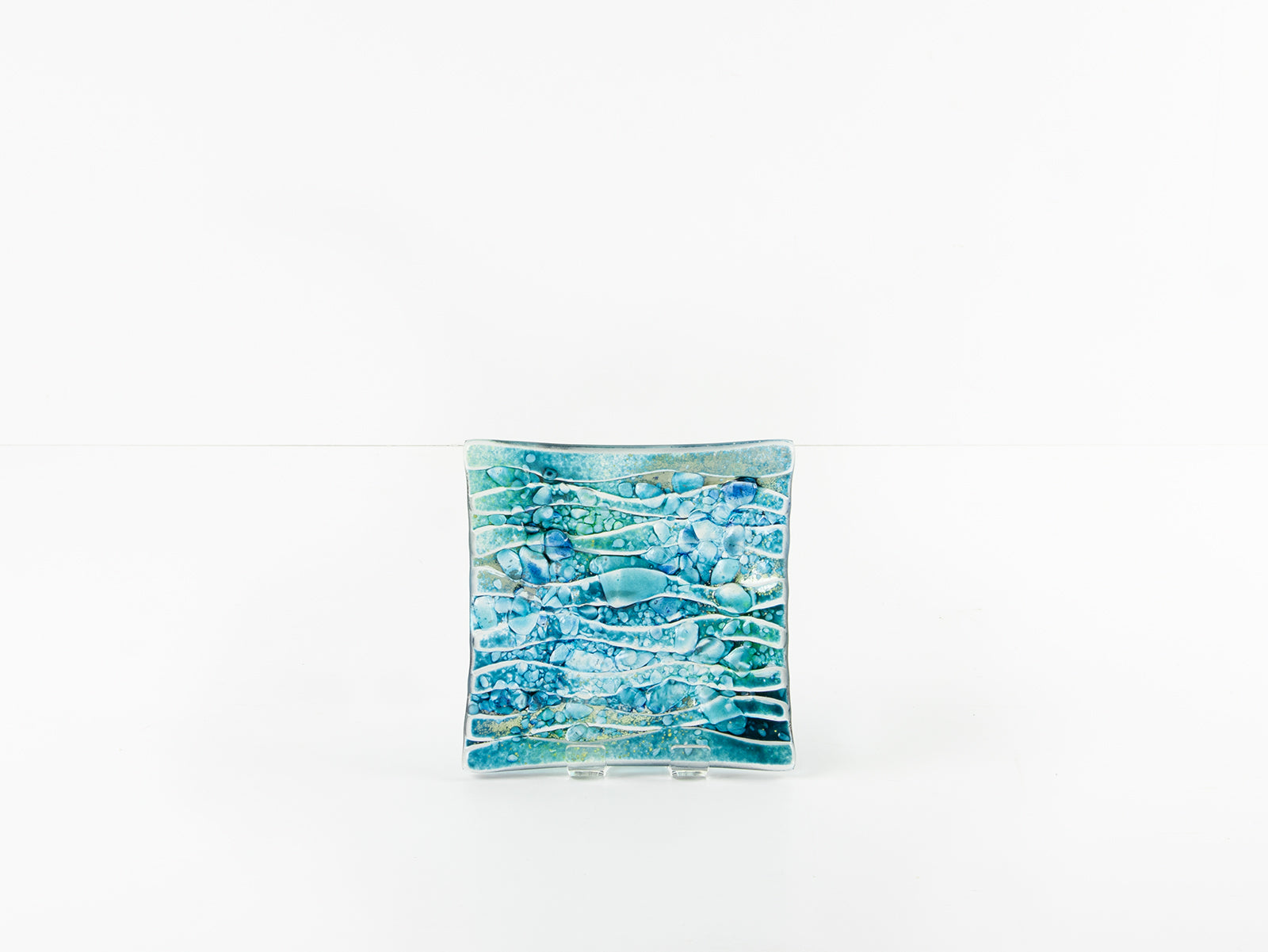 Fused glass small square bowl textured blue teal