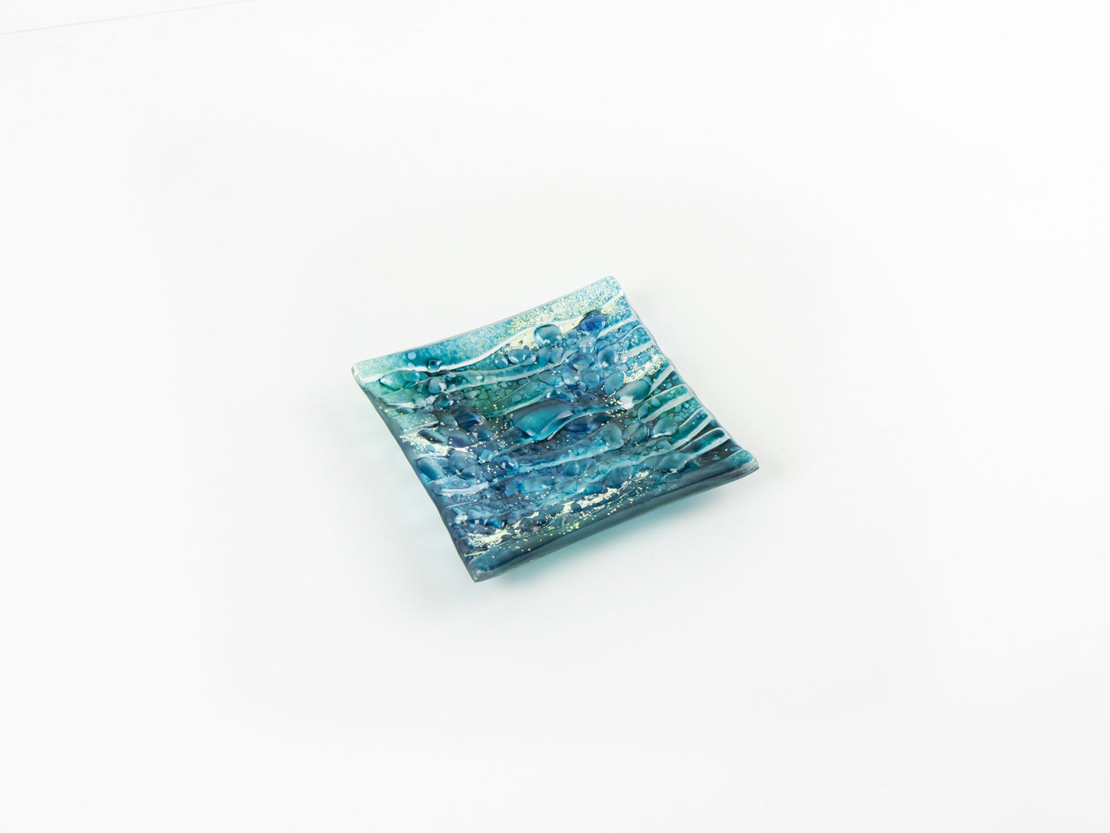 fused glass tableware giftware textured square bowl blue teal