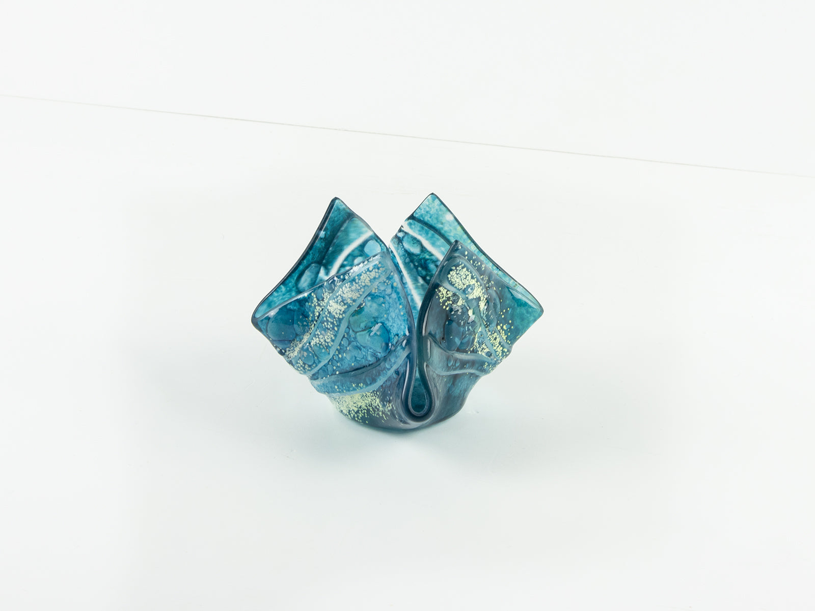 fold form fused glass vase teal blue textured