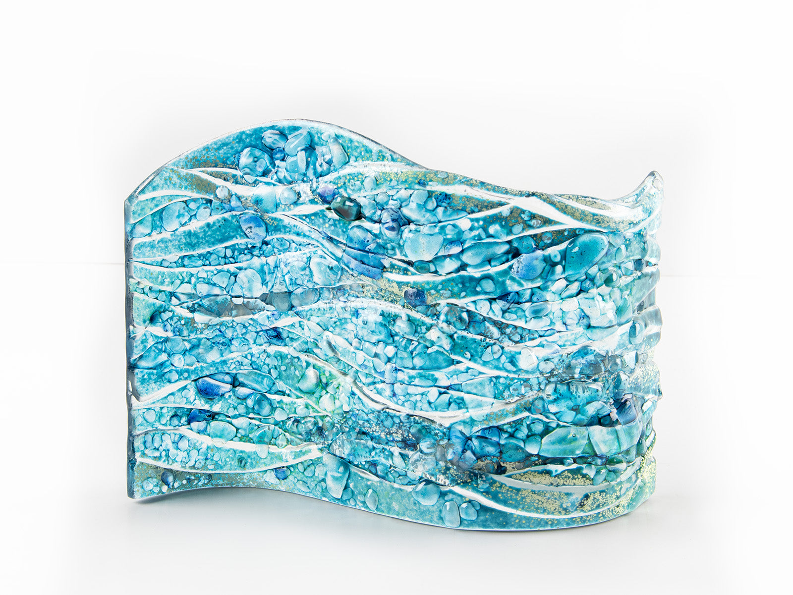 fused glass blue teal textured free standing wave sculpture