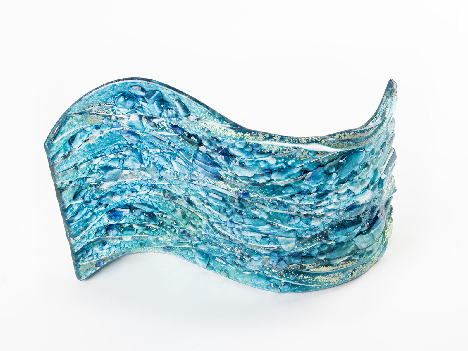 Fused glass wave sculpture blue teal textured free standing decor
