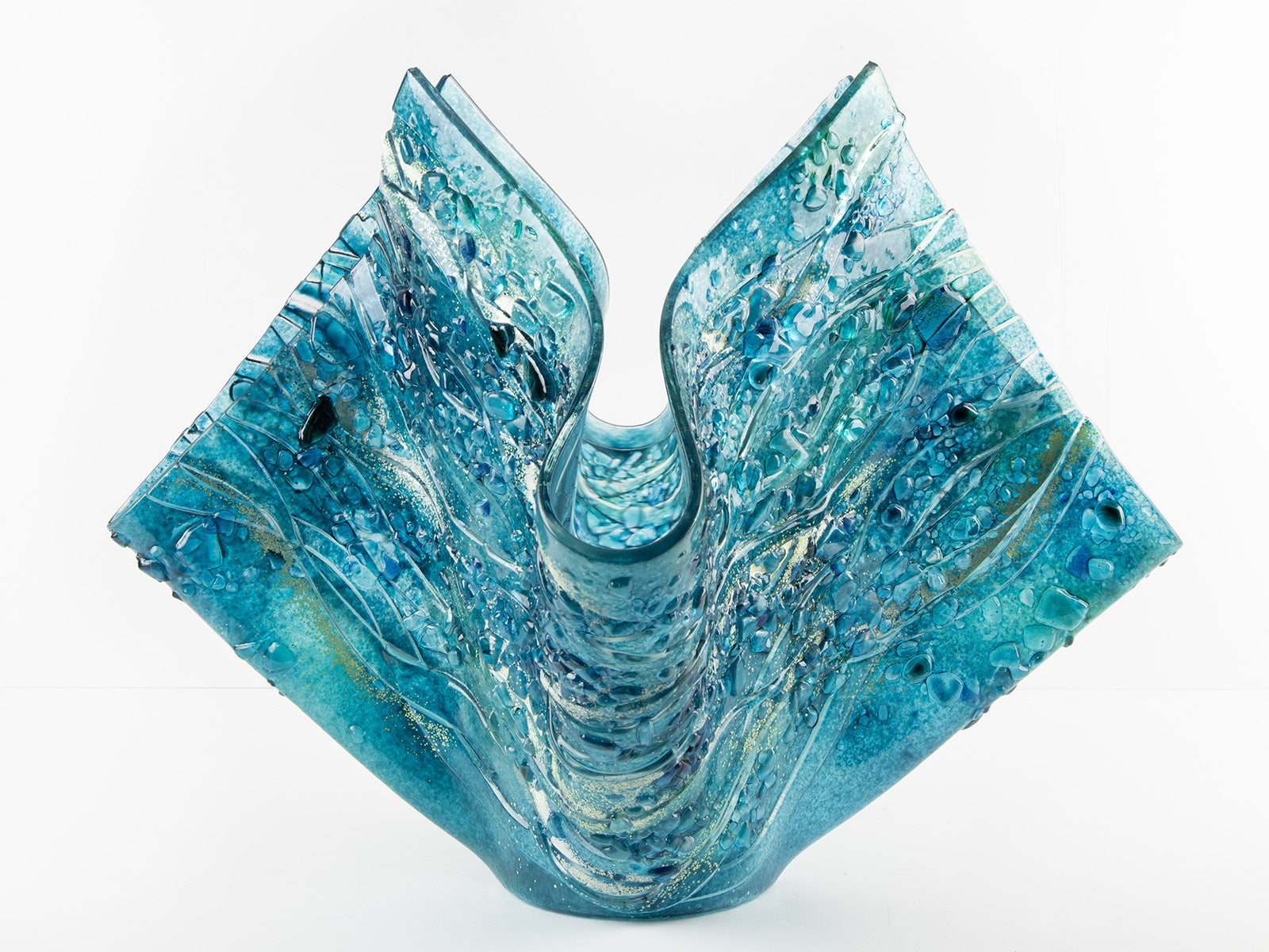 fold form fused glass vase textured blue teal decor