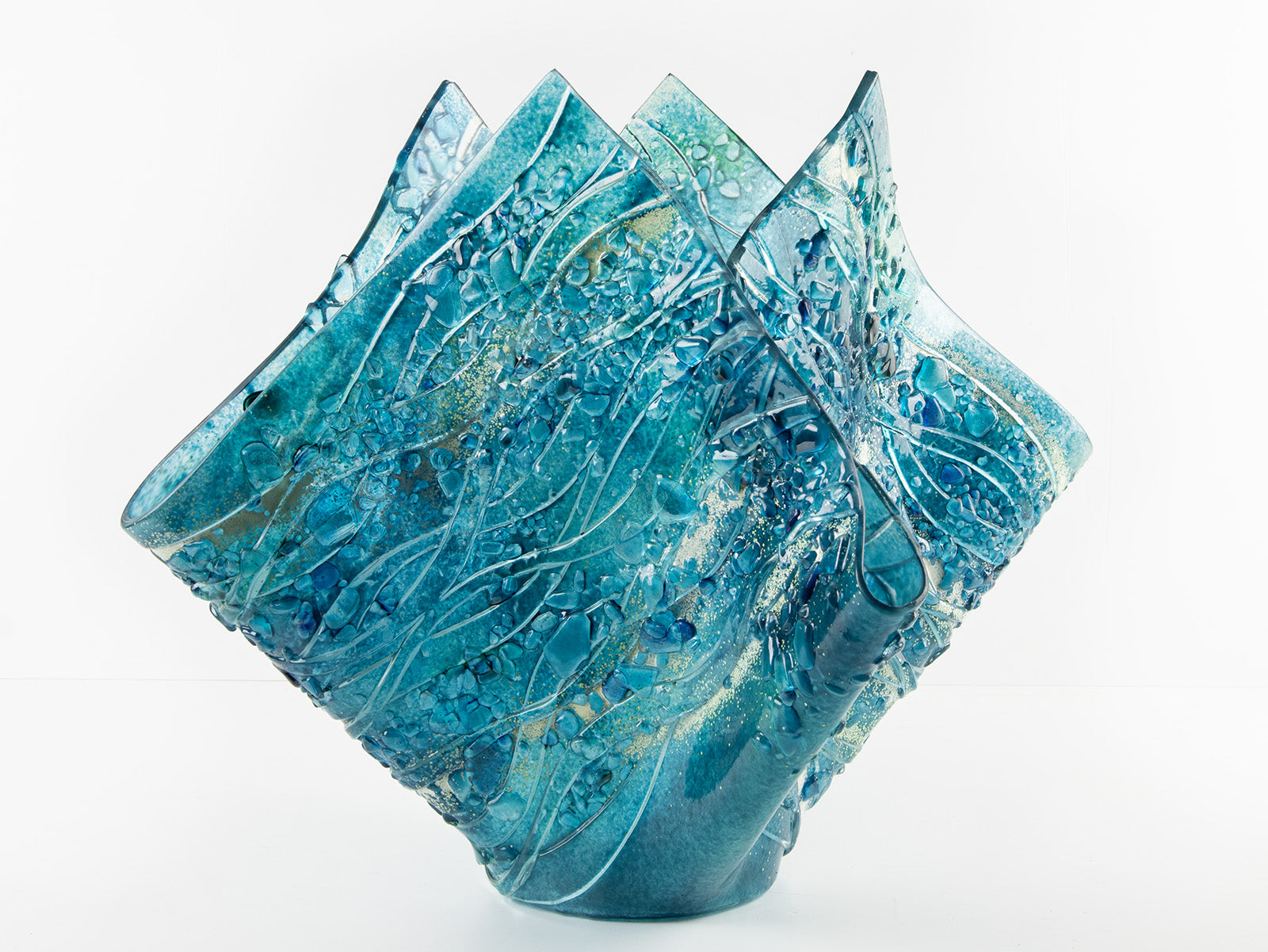 fold form fused glass vase textured blue teal decor