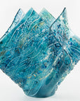 fold form fused glass vase textured blue teal decor