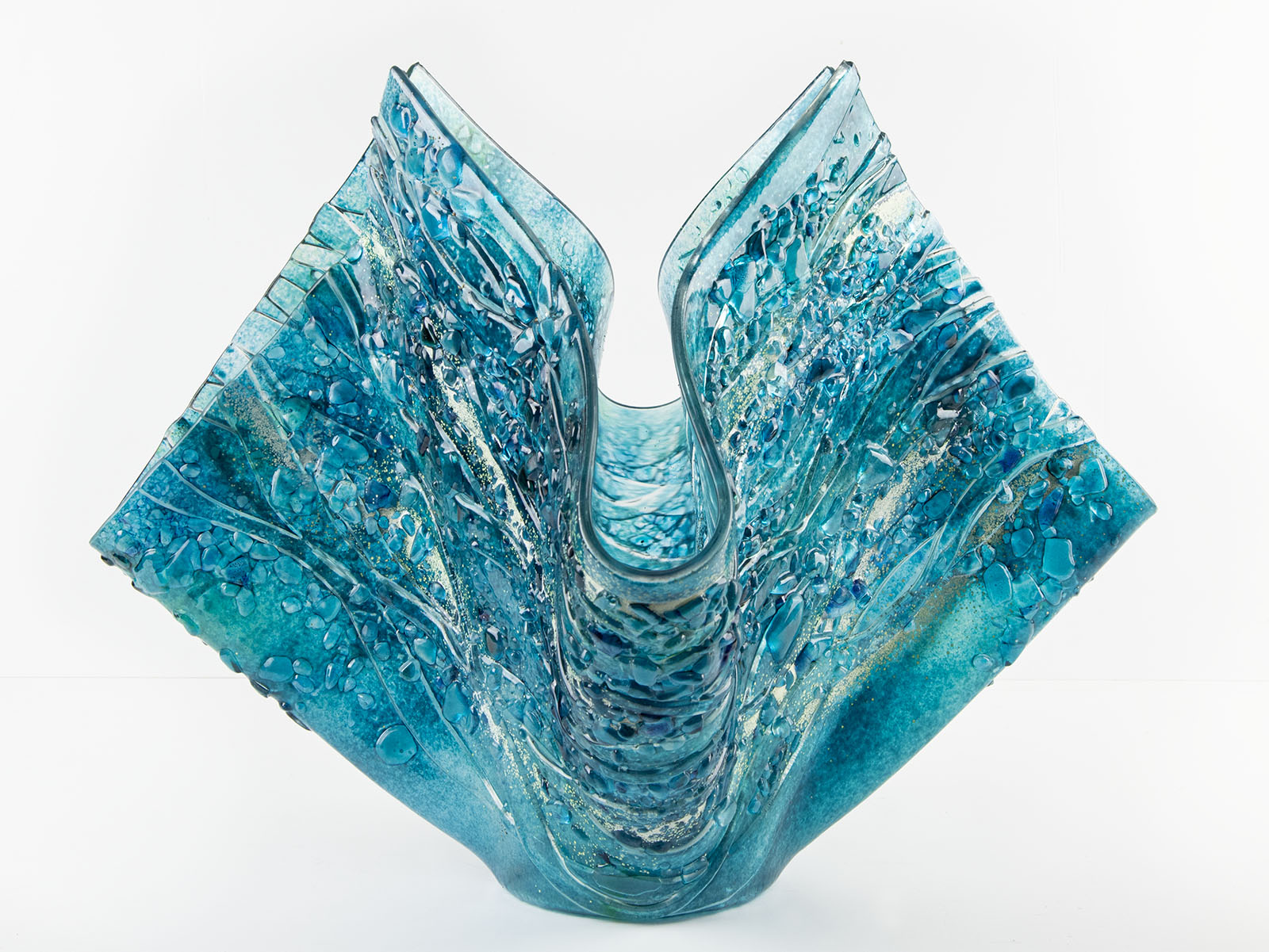 fold form fused glass vase textured blue teal decor
