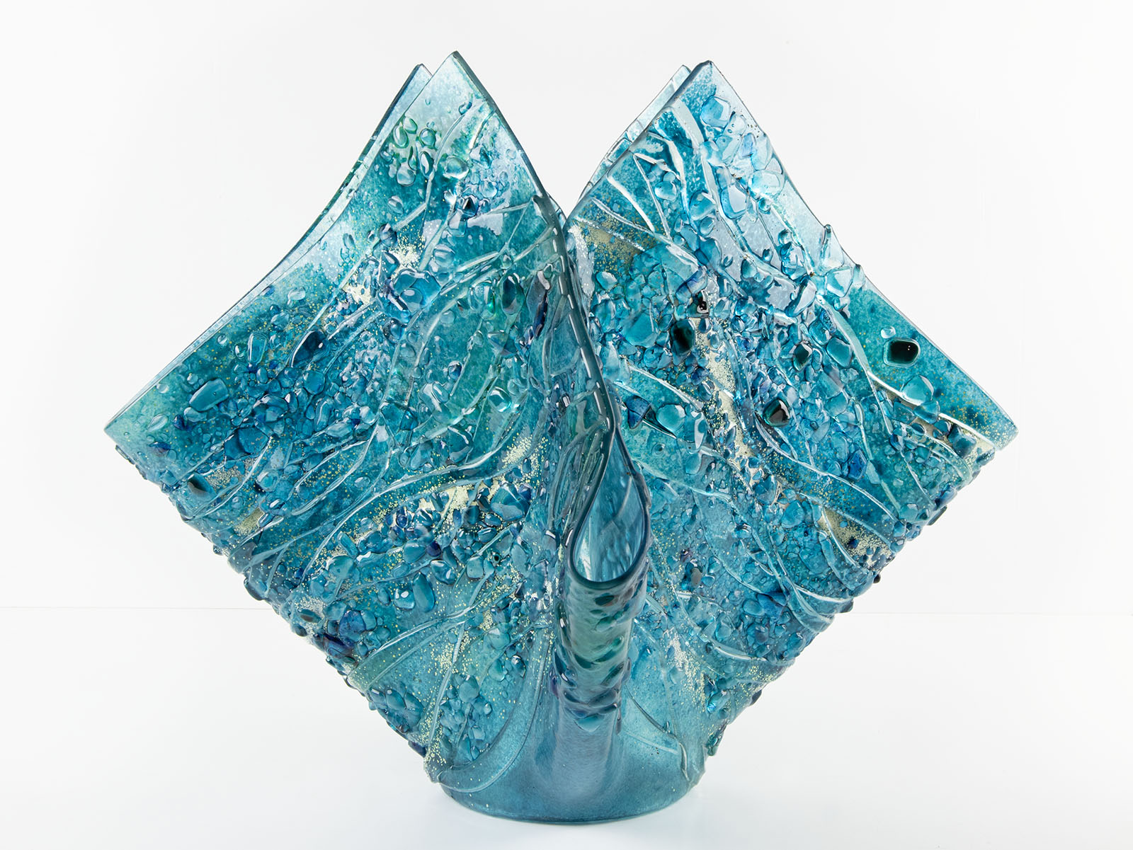 fold form fused glass vase textured blue teal decor