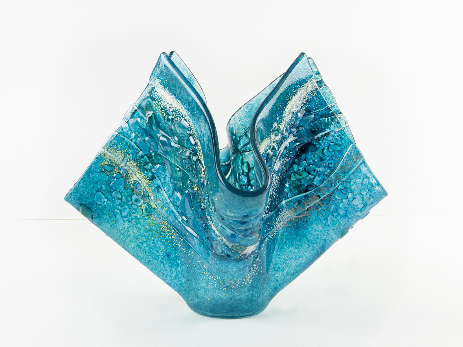 fold form fused glass vase textured blue teal decor