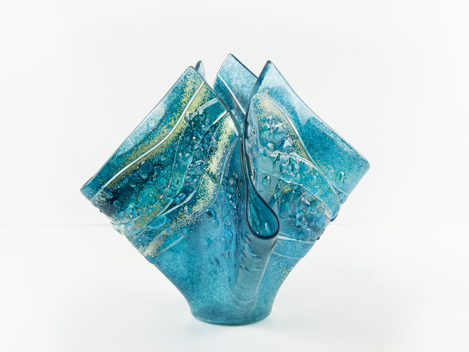 fold form fused glass vase textured blue teal decor