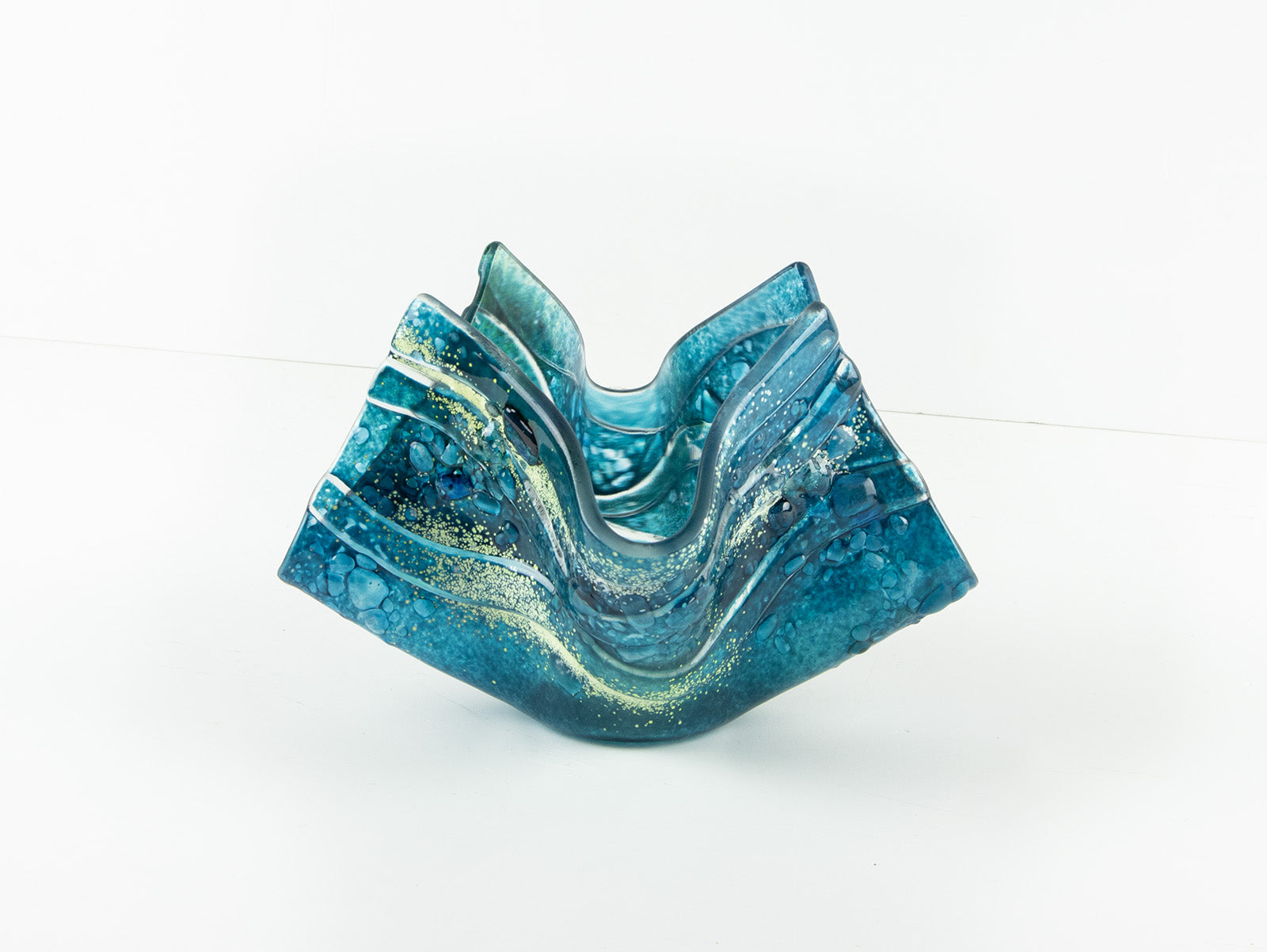 fold form fused glass vase blue teal textured