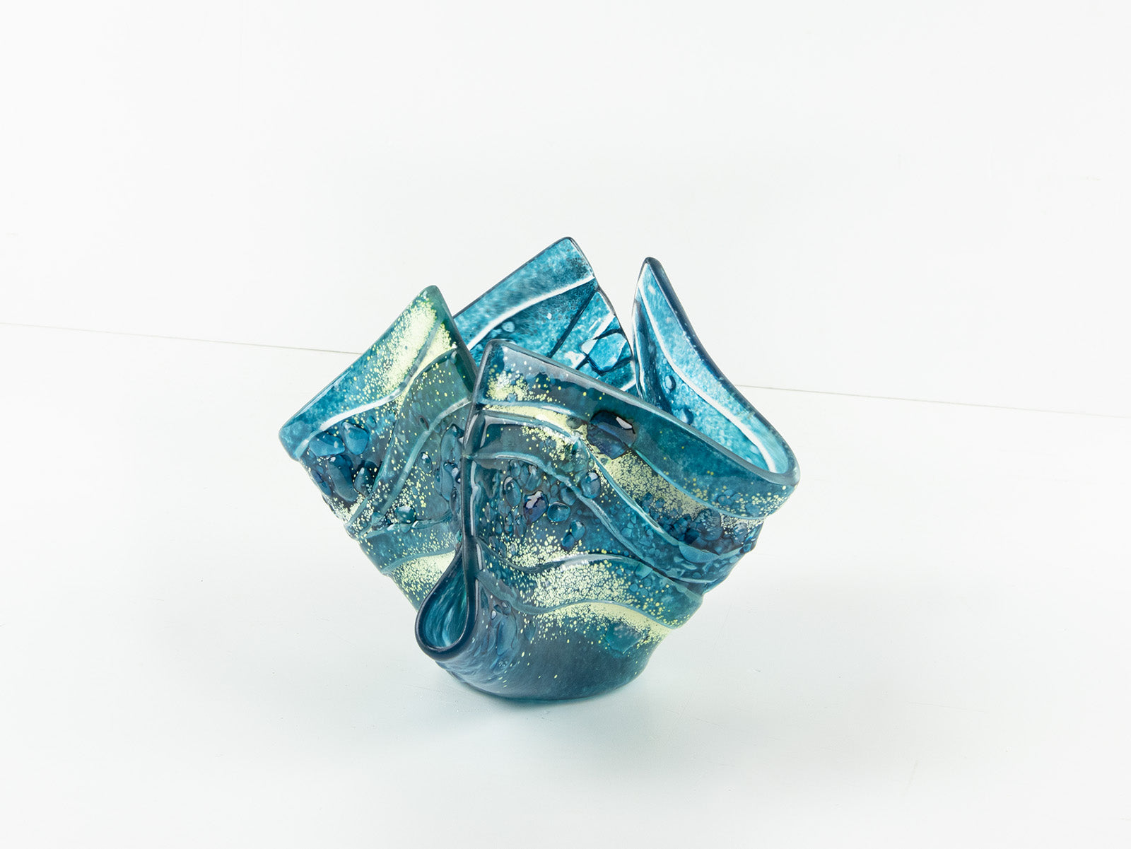 fold form fused glass vase blue teal textured