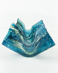 fold form fused glass vase blue teal textured