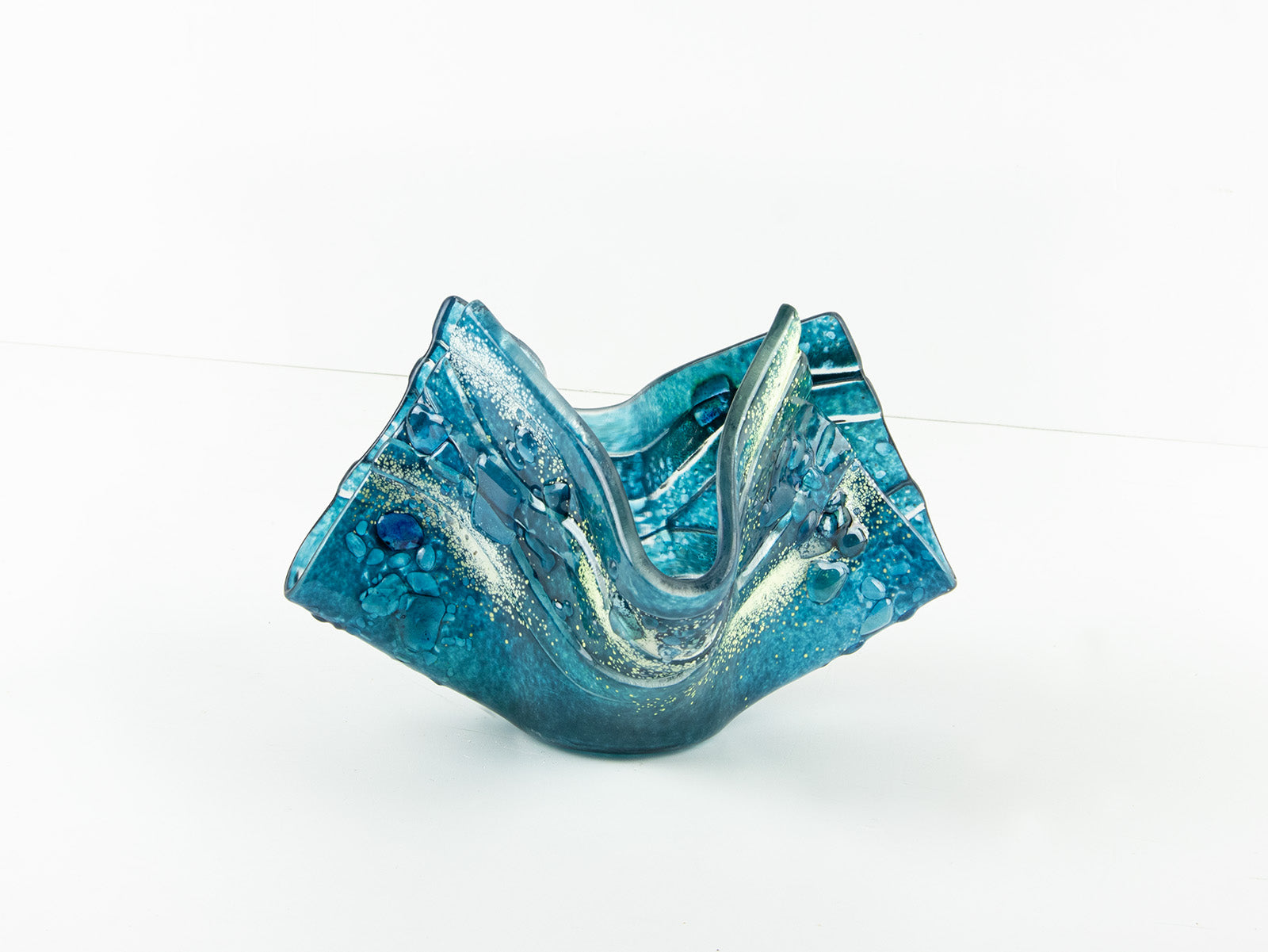 fold form fused glass vase blue teal textured
