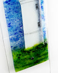 Details of fused glass wall panel with lighthouse design. Handmade made in Cornish studio in coastal colours.