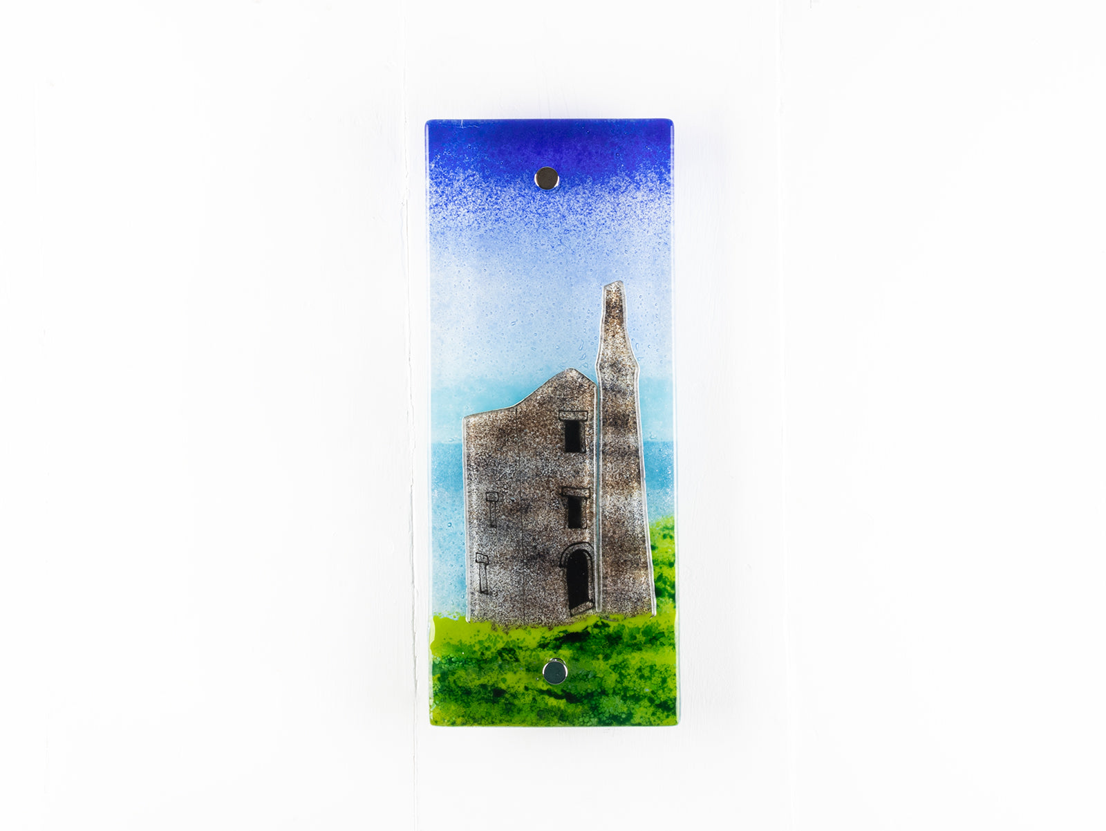 Fused glass wall panel with Cornish Tin Mine design, in coastal colours. A handmade piece of glass wall art. 