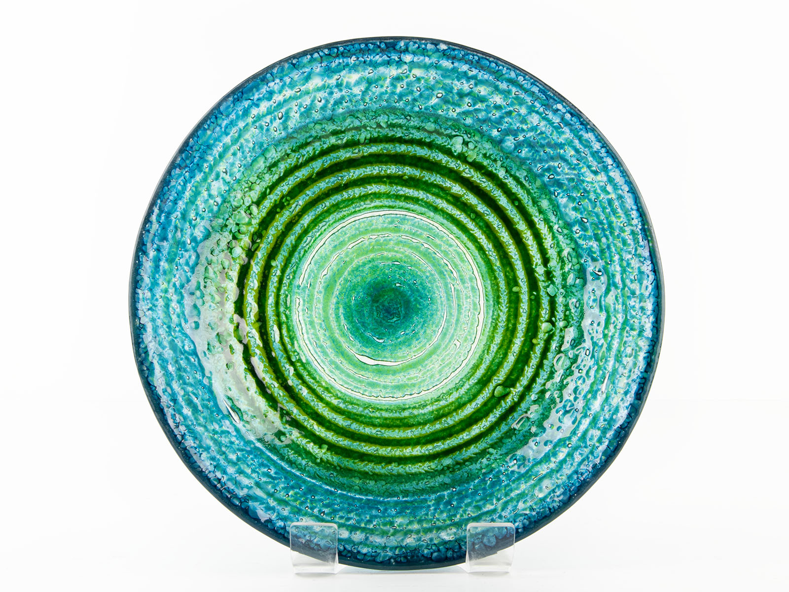 Fused glass extra large dish made with ocean teals and greens with glass texture. Handmade in Cornwall, Launceston. 