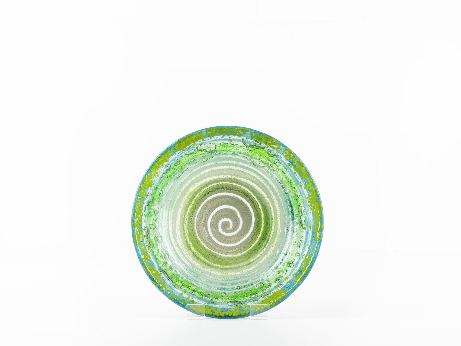 Fused glass bespoke dish made with spring green colours. Hand-made in Cornwall, Launceston.