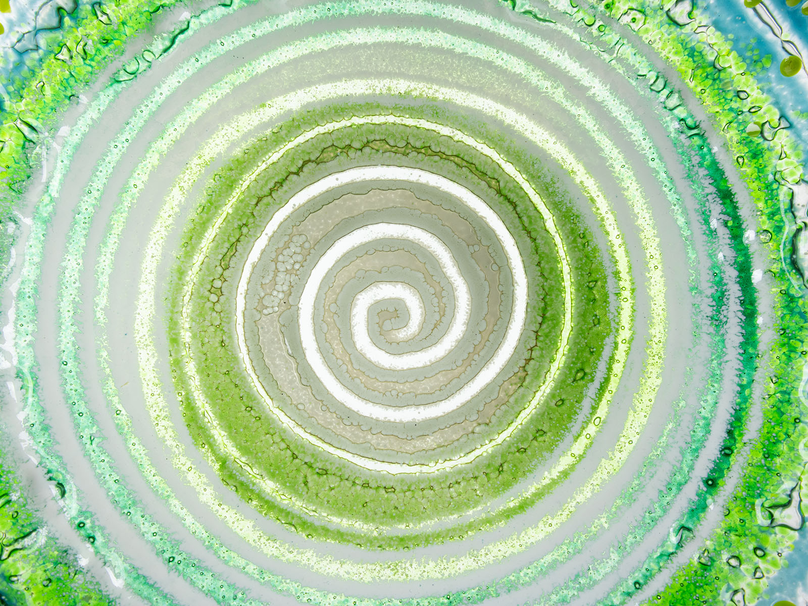 Fused glass bespoke dish made with spring green colours. Hand-made in Cornwall, Launceston.