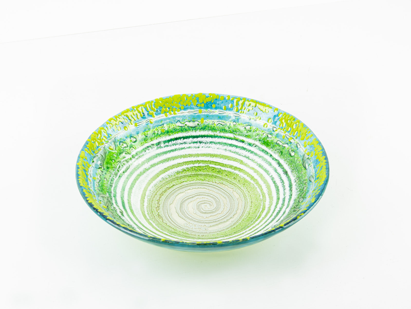 Fused glass bespoke dish made with spring green colours. Hand-made in Cornwall, Launceston.