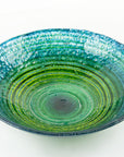 Fused glass extra large dish made with ocean teals and greens with glass texture. Handmade in Cornwall, Launceston. 