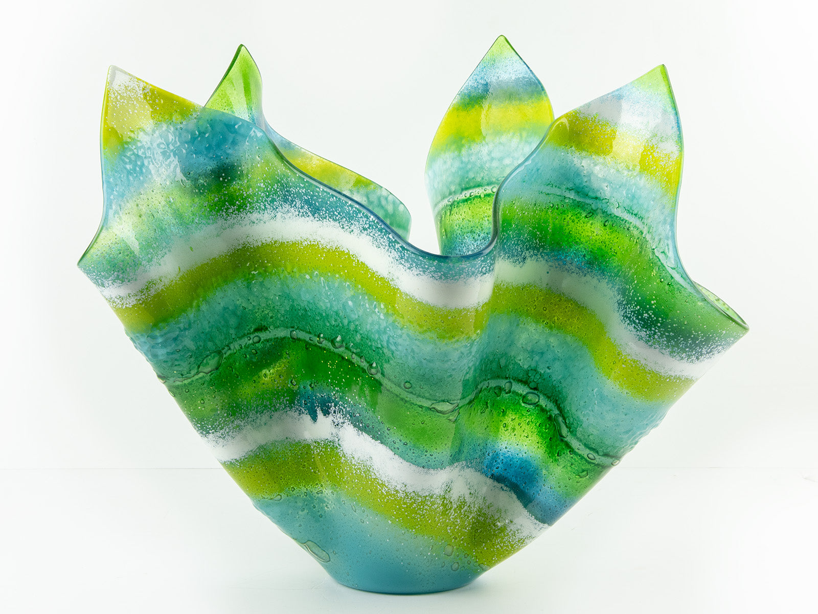 Fused glass extra large vase handmade in Cornish studio in coastal green colours. Stunning homeware piece of sculptural glass. 