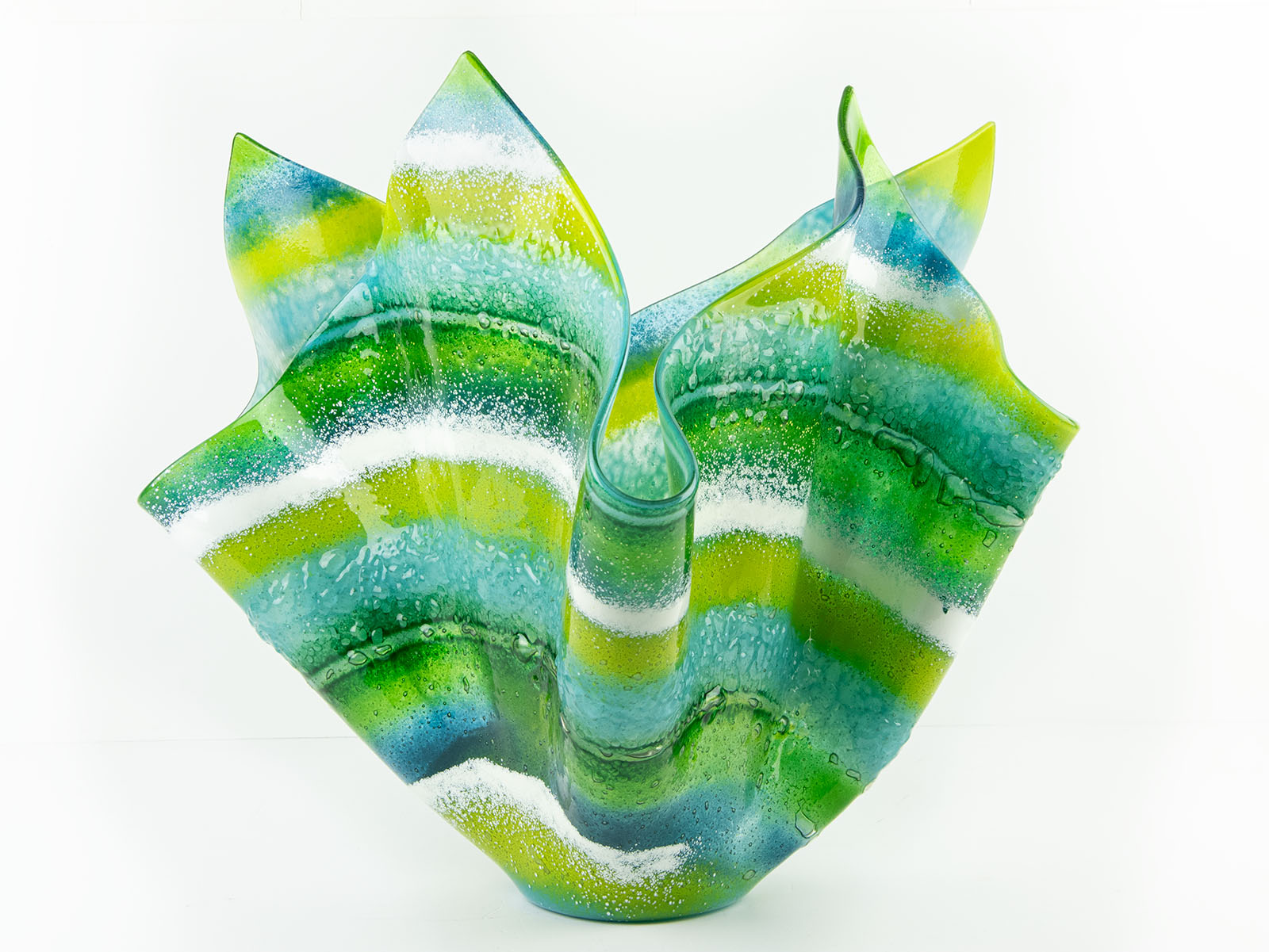 Fused glass extra large vase handmade in Cornish studio in coastal green colours. Stunning homeware piece of sculptural glass. 