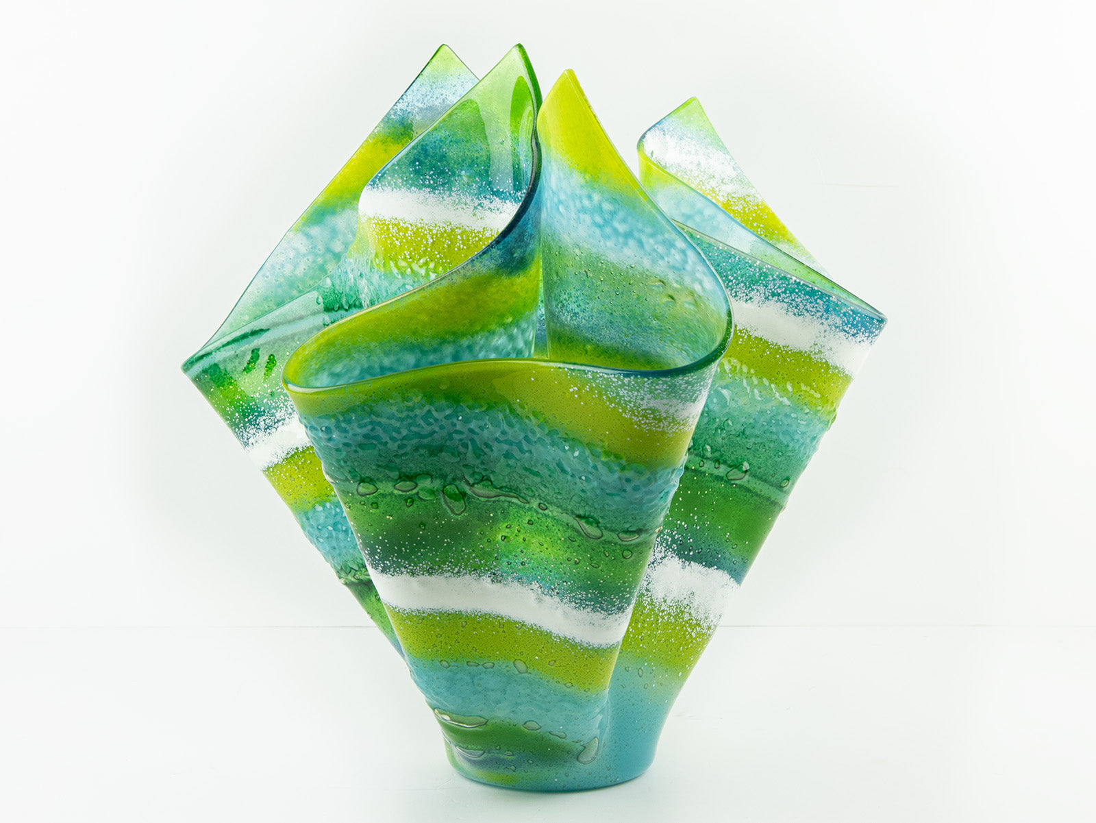 Fused glass extra large vase handmade in Cornish studio in coastal green colours. Stunning homeware piece of sculptural glass. 