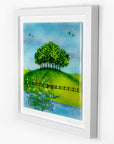 Fused glass art frame with countryside design and vibrant greens.