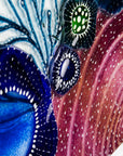 Hand-painted close up of fused glass art frame, in vibrant coastal colours, inspired by the ocean reefs with organic detailing. 