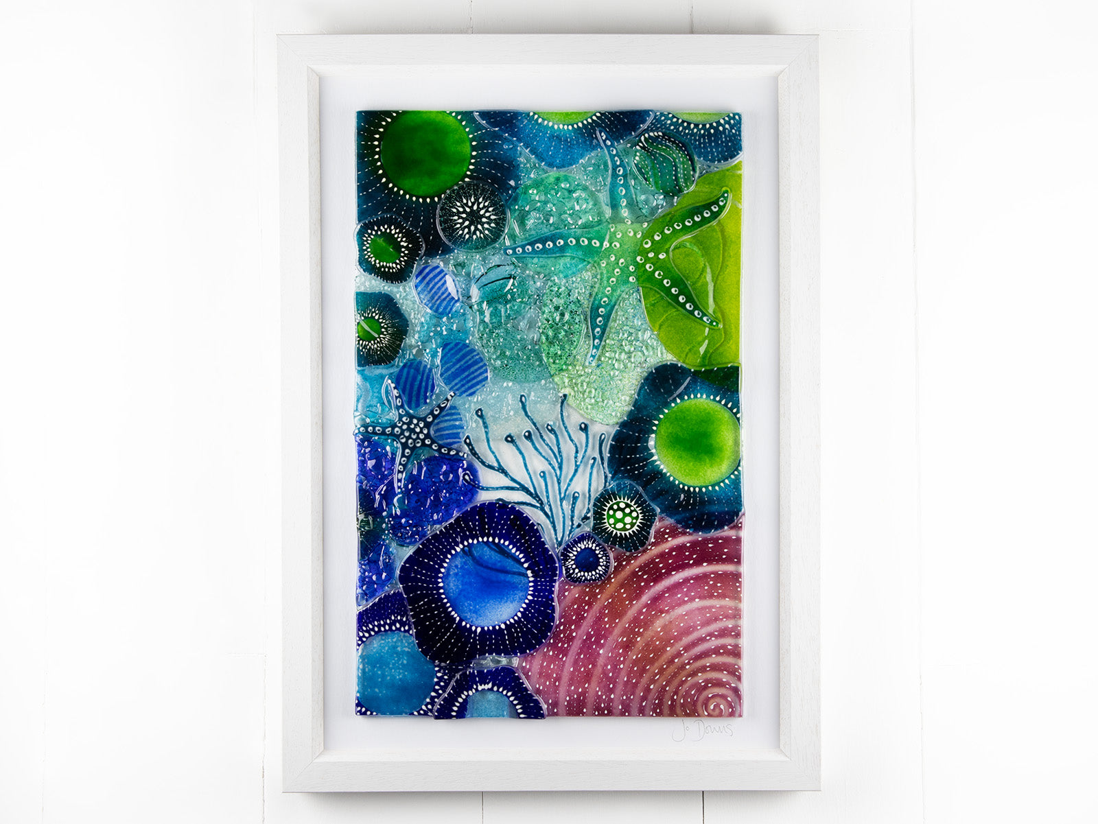 Fused glass art frame, in vibrant coastal colours, inspired by the ocean reefs with organic detailing. 