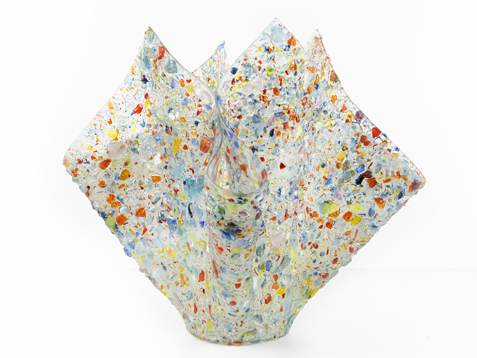 Fused glass extra large fold form vase, made from multi coloured, recycled glass frit. 