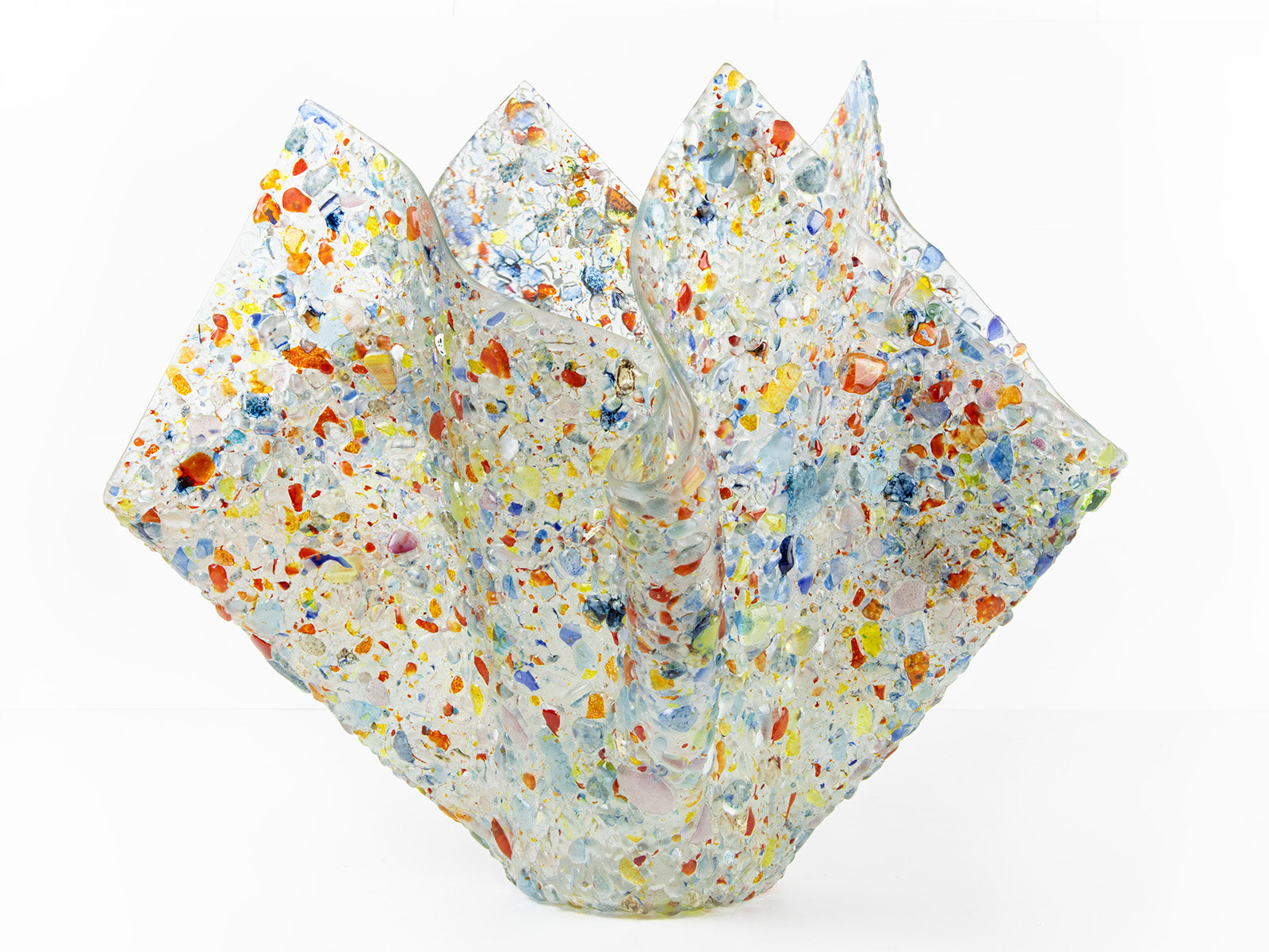 Fused glass extra large fold form vase, made from multi coloured, recycled glass frit. 