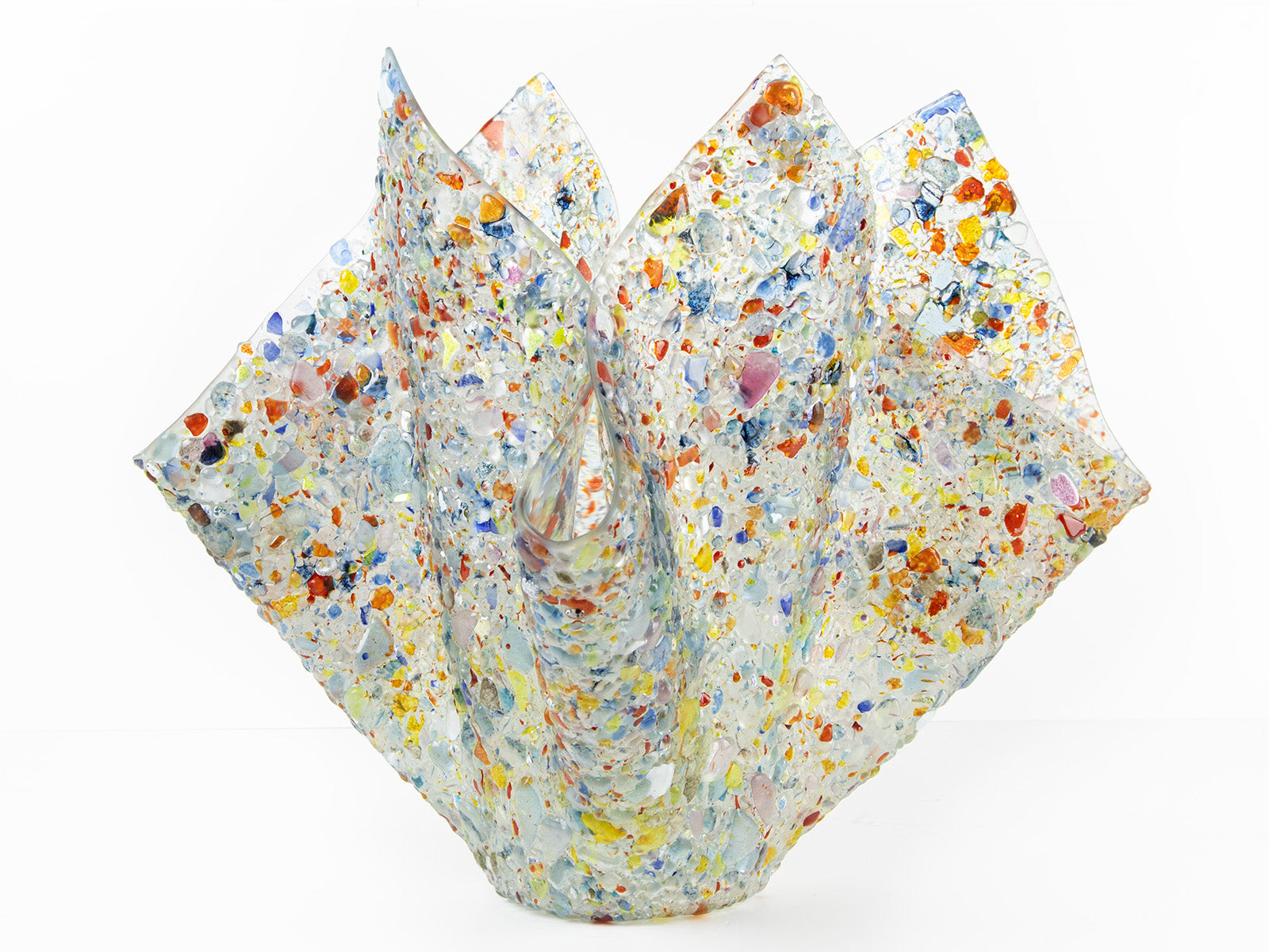 Fused glass extra large fold form vase, made from multi coloured, recycled glass frit. 