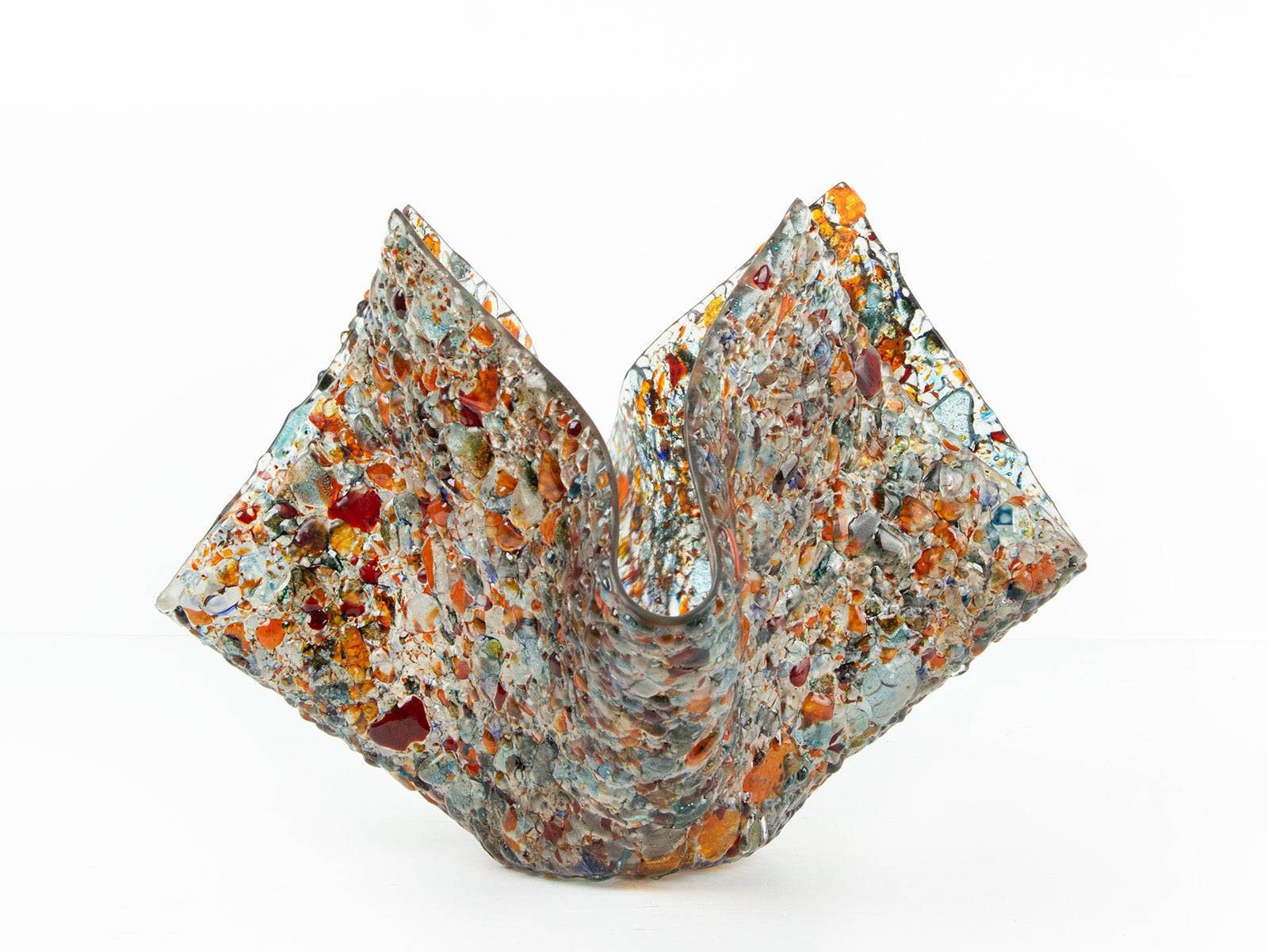 Fused glass vase, made with recycled crushed glass in warm colours to create a stunning piece of art.