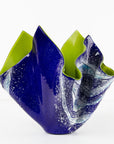 Opaque ocean inspired fused glass fold form vase with bright coastal colours and texture. 