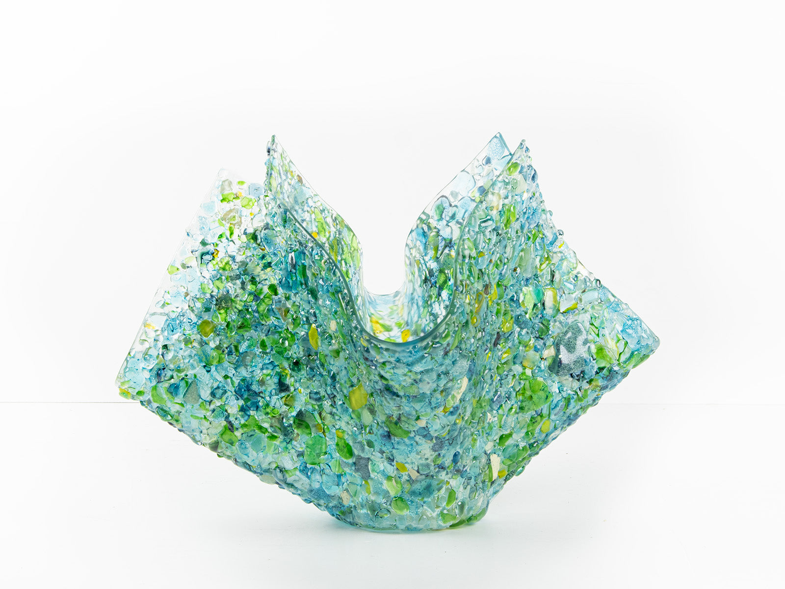 Fused glass large vase, handmade from recycled glass in ocean green and blue hues. 