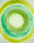 Close up of fused glass round dish featuring a soft sea green colour-way with organic detailing.