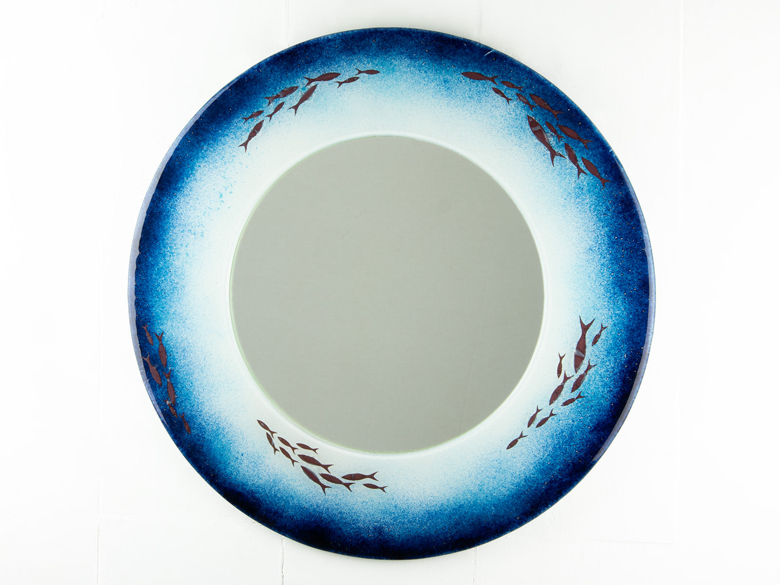 Fused glass round mirror, hand-made in coastal blues, with copper fish. 