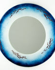 Fused glass round mirror, hand-made in coastal blues, with copper fish. 