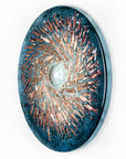 Fused glass round panel with copper fish detail and a ocean teal colour-way.