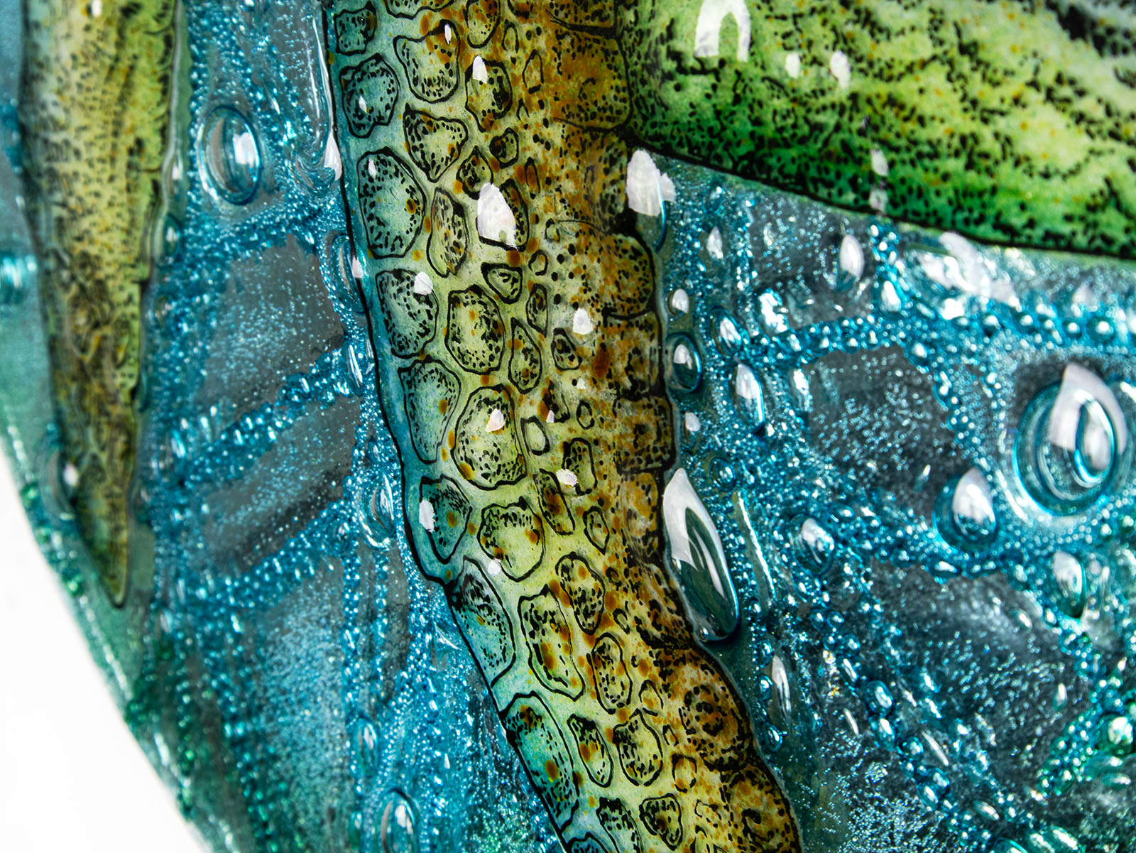 Intricate details of a hand-painted design of a sea turtle on a fused glass panel. 