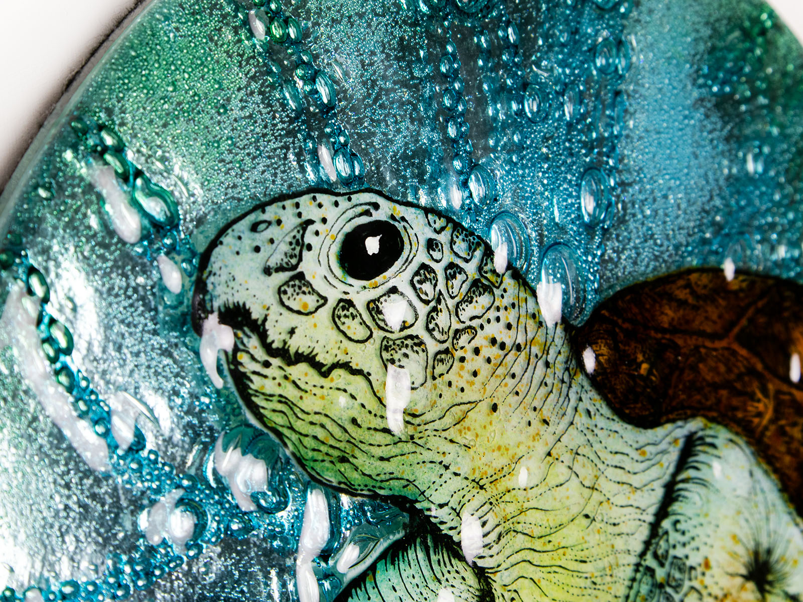 Intricate detailing of a hand-painted sea turtle on a fused glass round panel. 